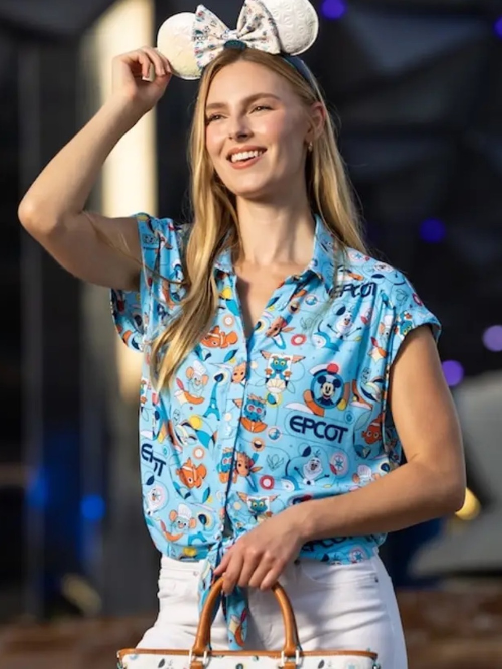 Disney Parks Top EPCOT Cap Sleeve Button Down Knotted Blue 1X Disneycore